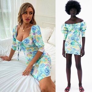 NEW ZARA Floral Off Shoulder Sweetheart Neck Puff Short Sleeve Cotton Dress XS